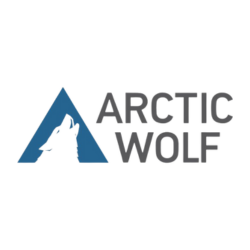 Arctic Wolf logo, blue triangle with white wolf silhouette, gray text