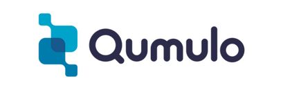 Qumulo logo with overlapping blue shapes and dark blue text