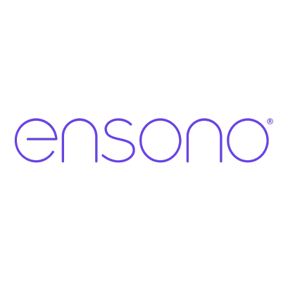 Ensono logo, purple text on black background
