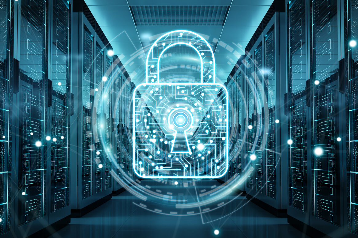 Digital lock overlay on a server room, symbolizing cybersecurity