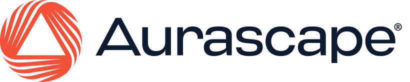 Aurascape logo with orange spiral triangle and black text