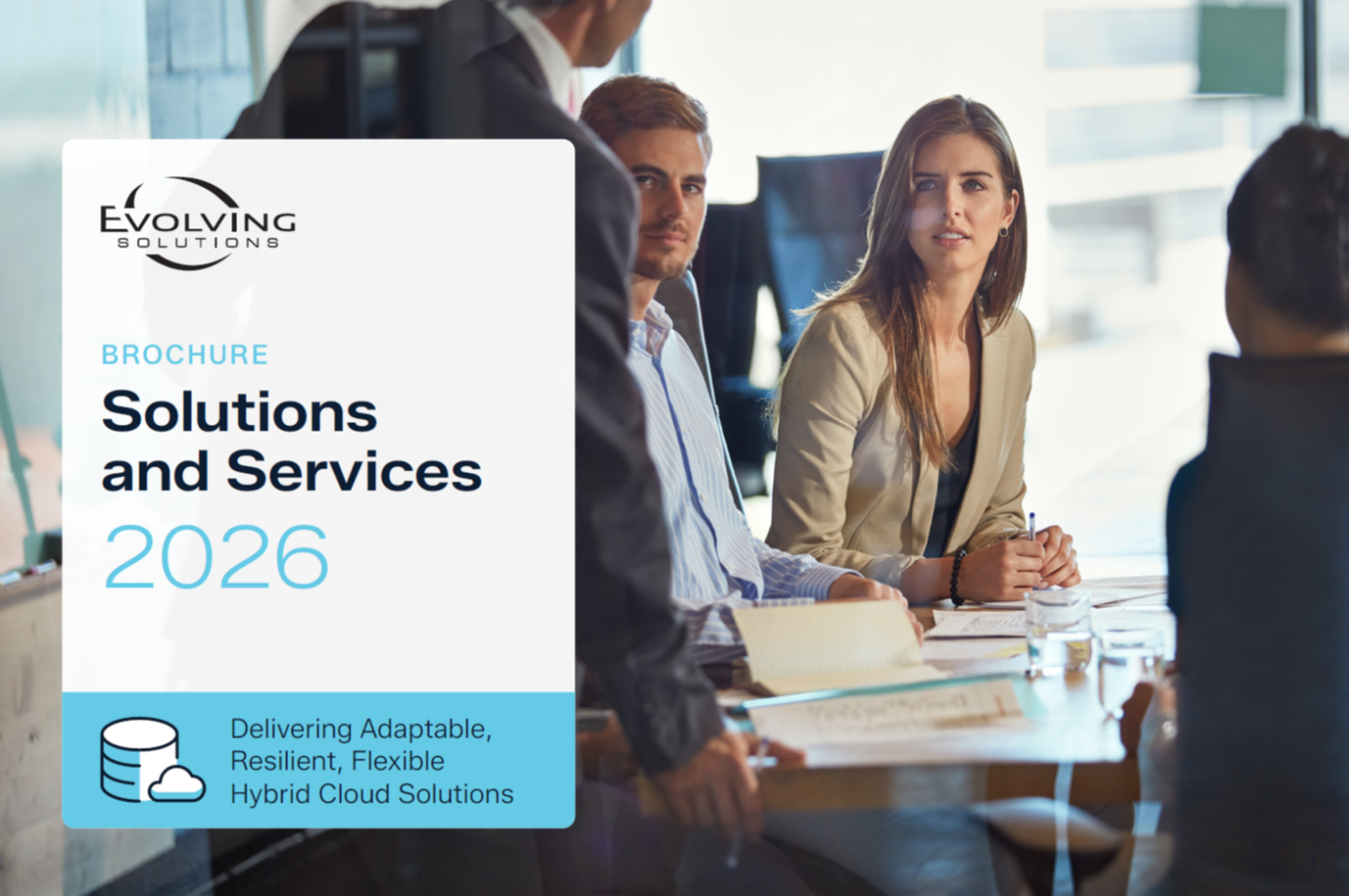 Evolving Solutions brochure titled "Solutions and Services 2026," depicting a business meeting setting