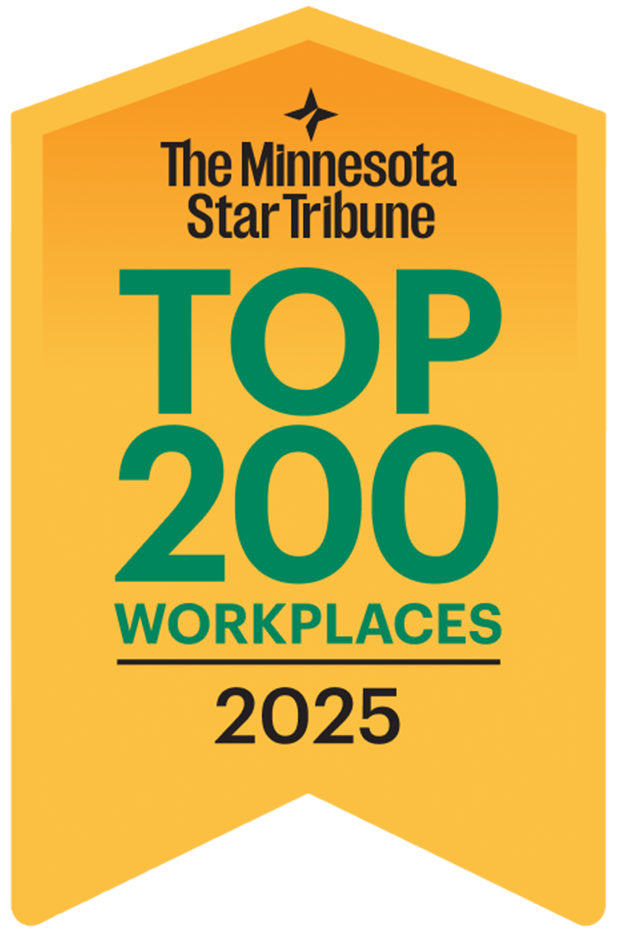 The Minnesota Star Tribune Top 200 Workplaces 2025 award on orange background