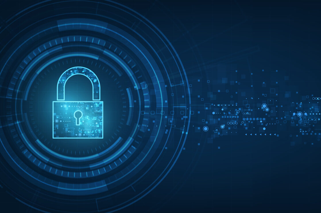 Digital padlock with glowing circuits symbolizing cybersecurity