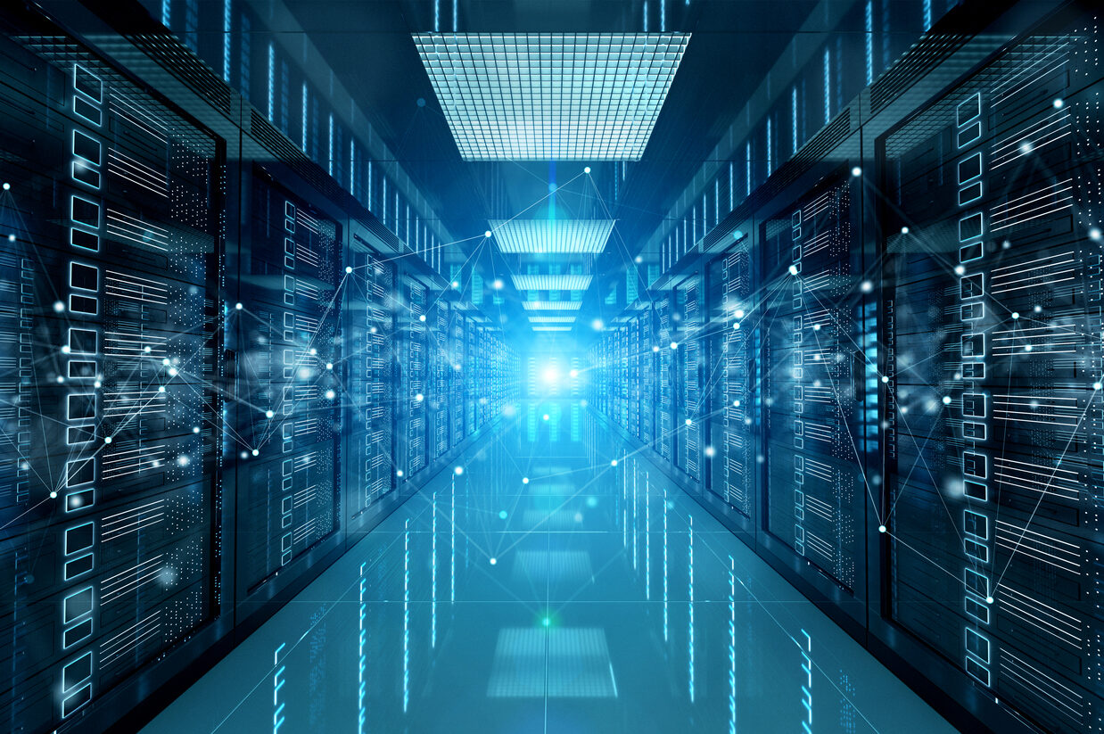 Futuristic server room with glowing blue lights and digital connections