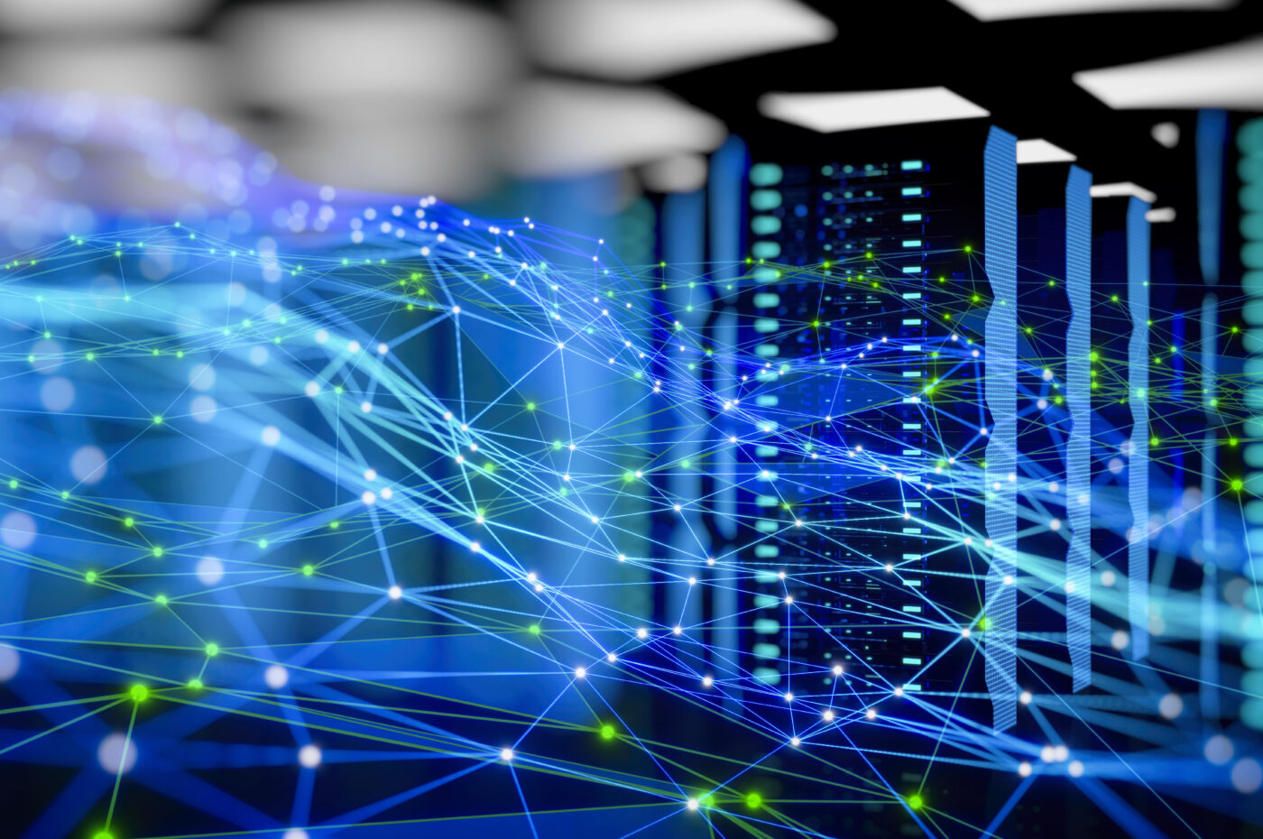 Abstract representation of data networks flowing through servers in a data center