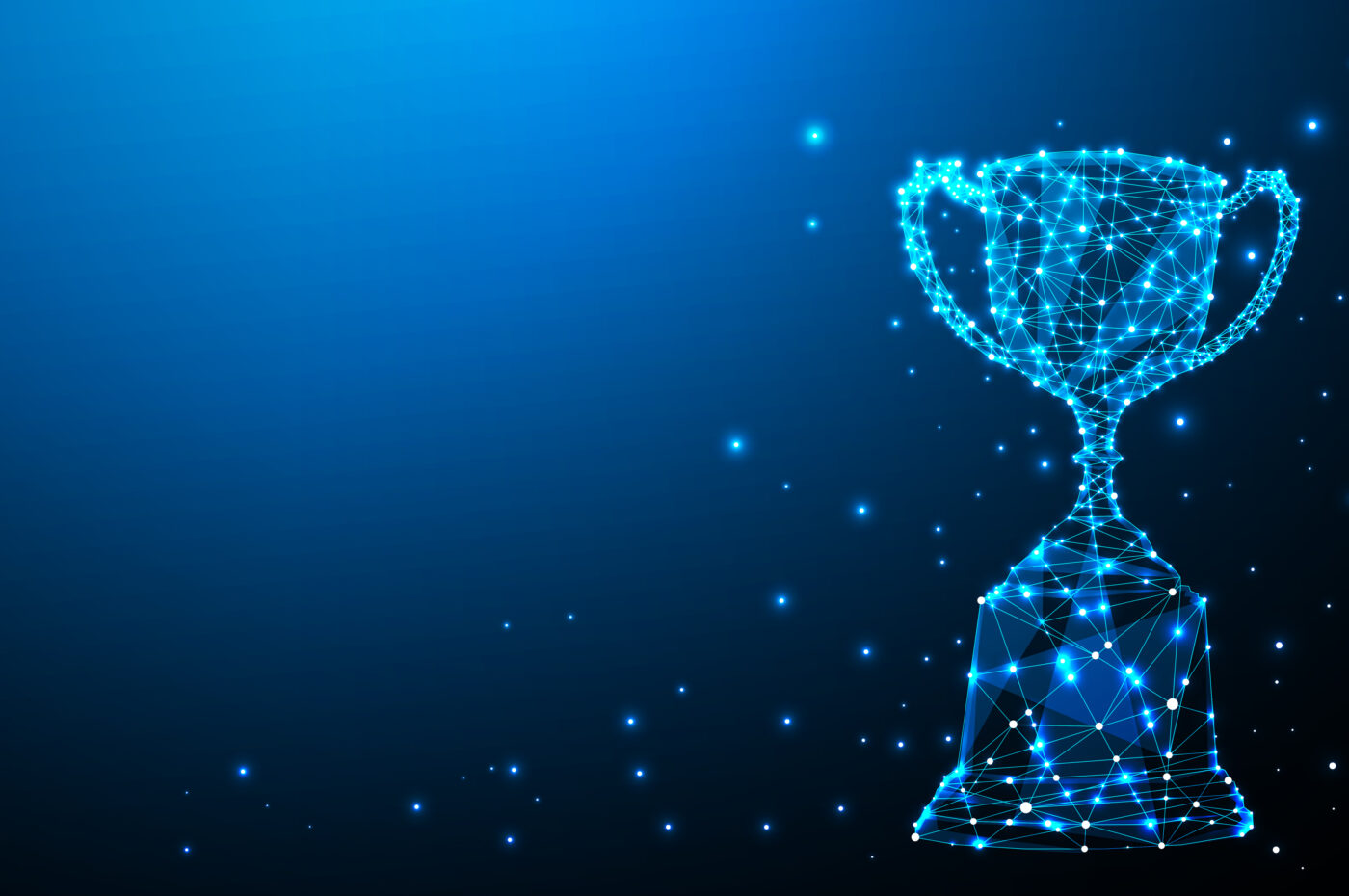 Digital wireframe trophy against a blue gradient background, with glowing connection points