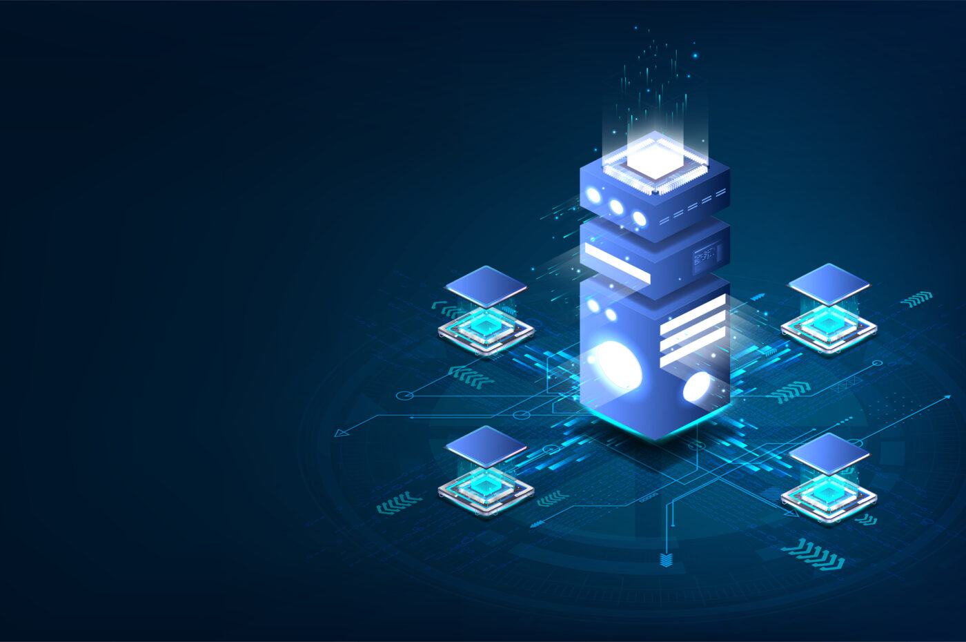 Digital illustration of a futuristic server tower with glowing circuit connections in a blue sci-fi design