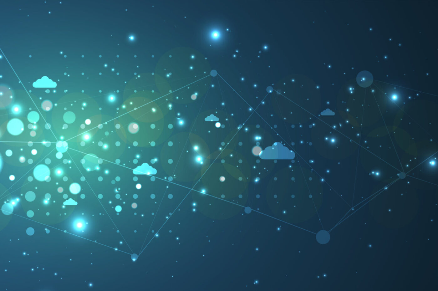 Abstract digital network with glowing points and cloud icons on a dark blue background
