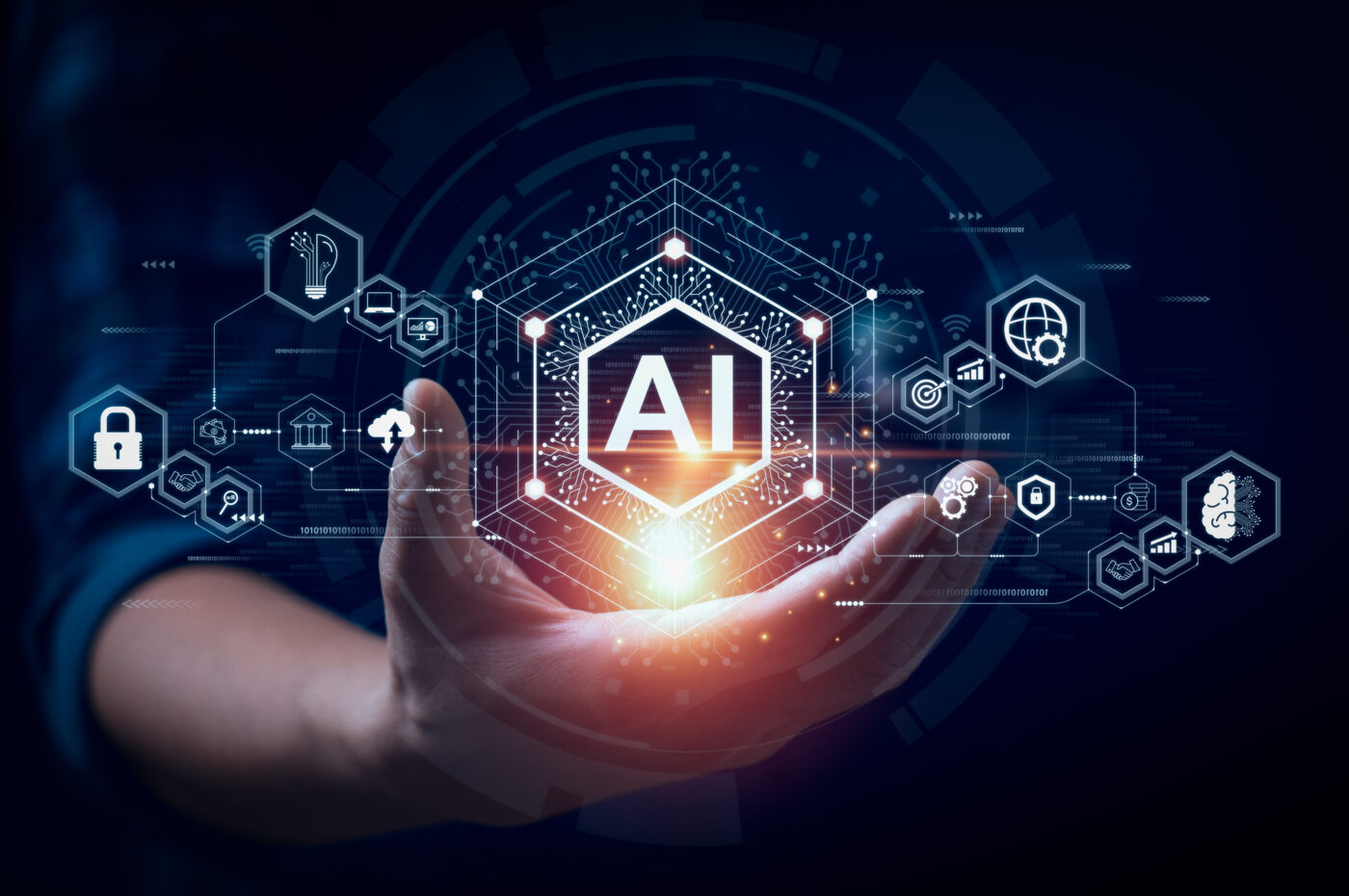 Hands holding a glowing hexagon labeled "AI" with digital icons surrounding it
