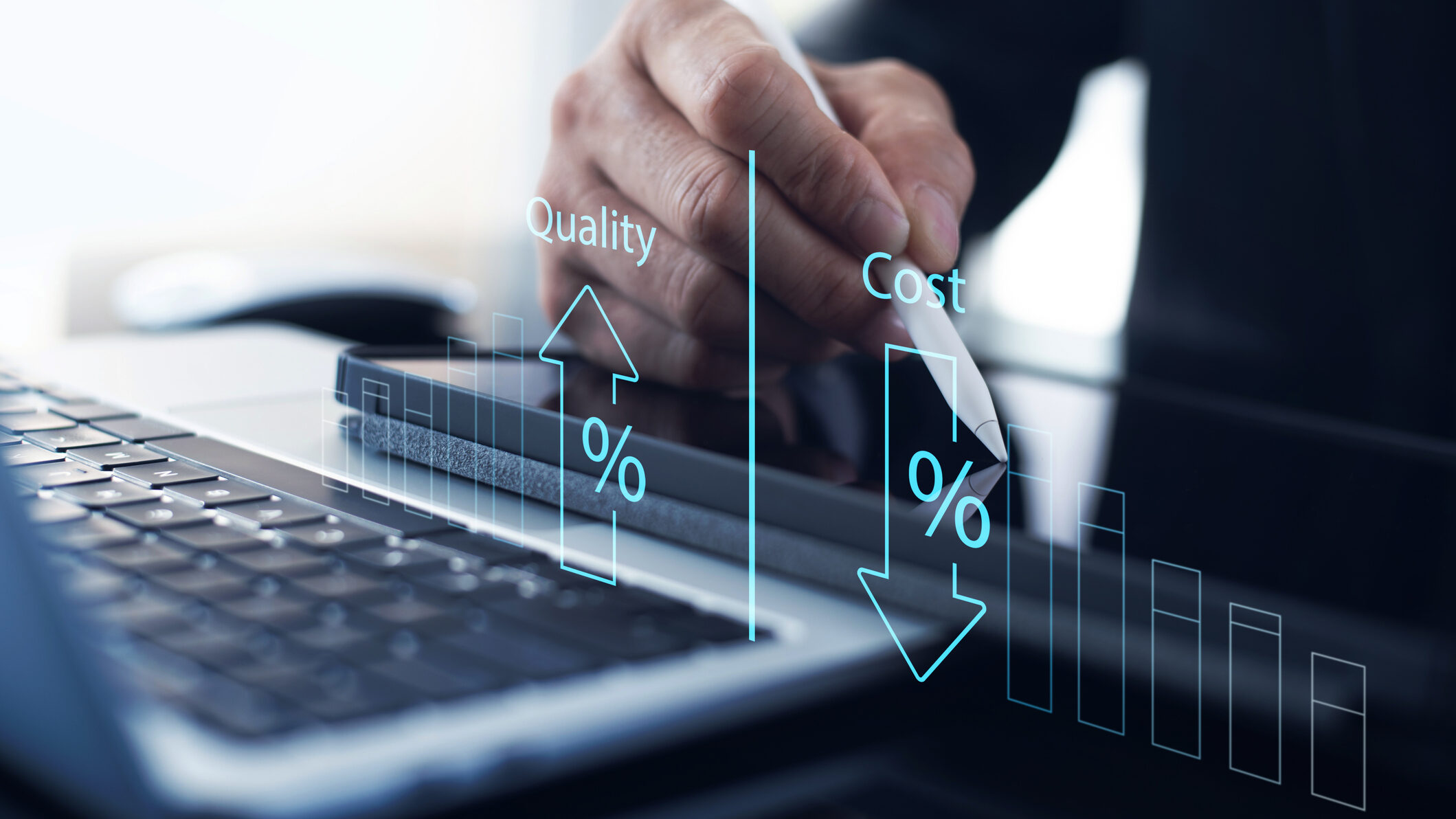 Hand using a stylus on a tablet, with graphics showing "Quality" increasing and "Cost" decreasing