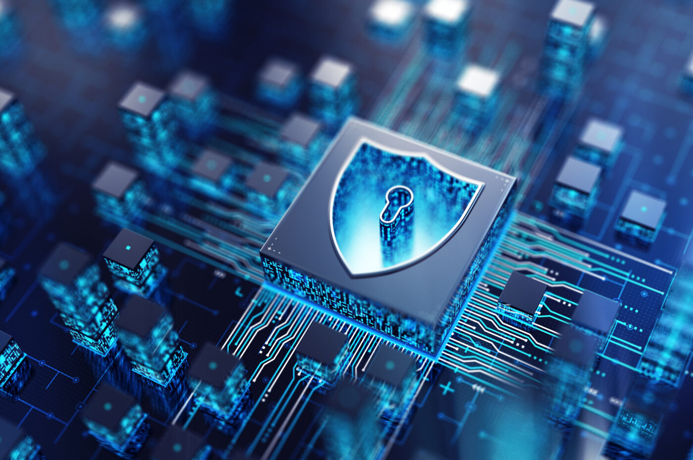 Circuit board with a digital lock icon, representing cybersecurity