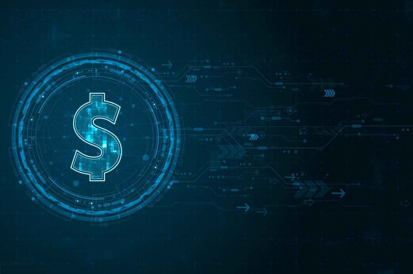 Digital dollar symbol with a futuristic, technological background