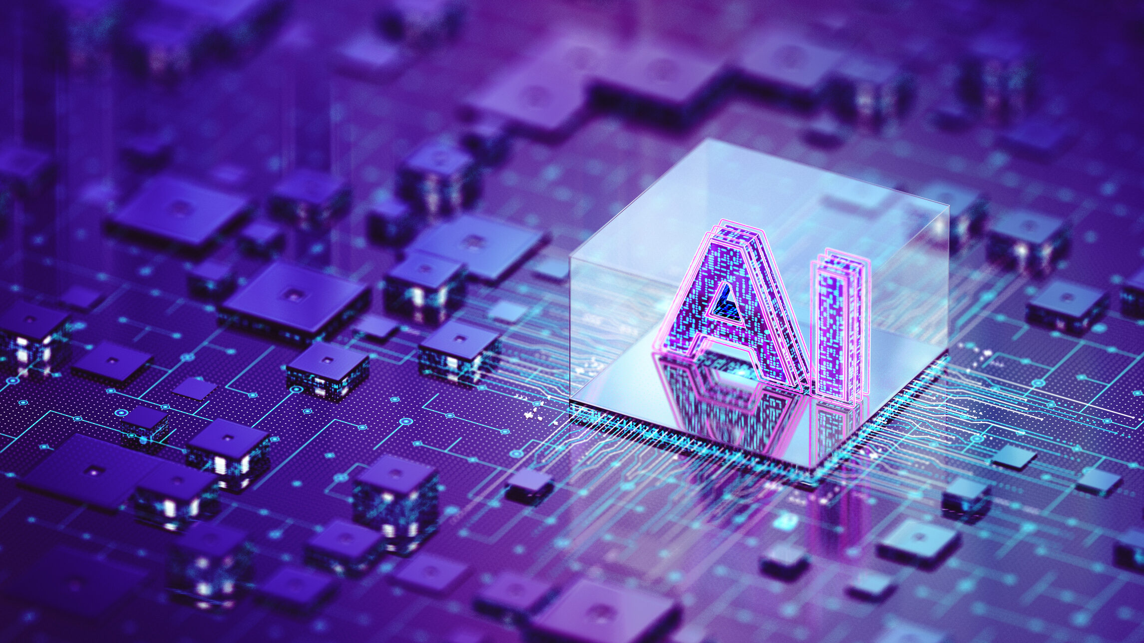 AI letters in digital, circuit-like background with purple tones
