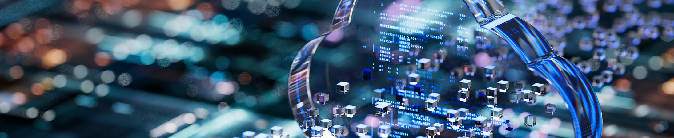 Abstract digital illustration of data transfer network with glowing circuits and cubic elements