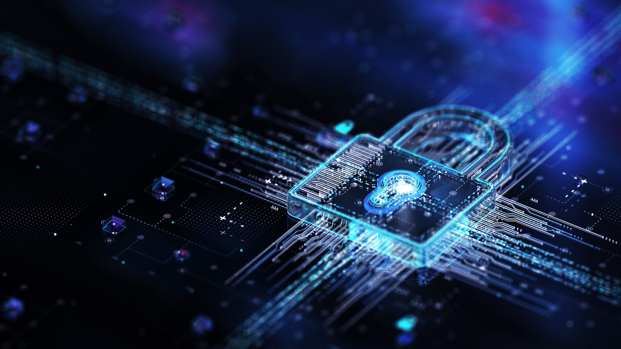 Glowing digital padlock on a circuit board, symbolizing cybersecurity