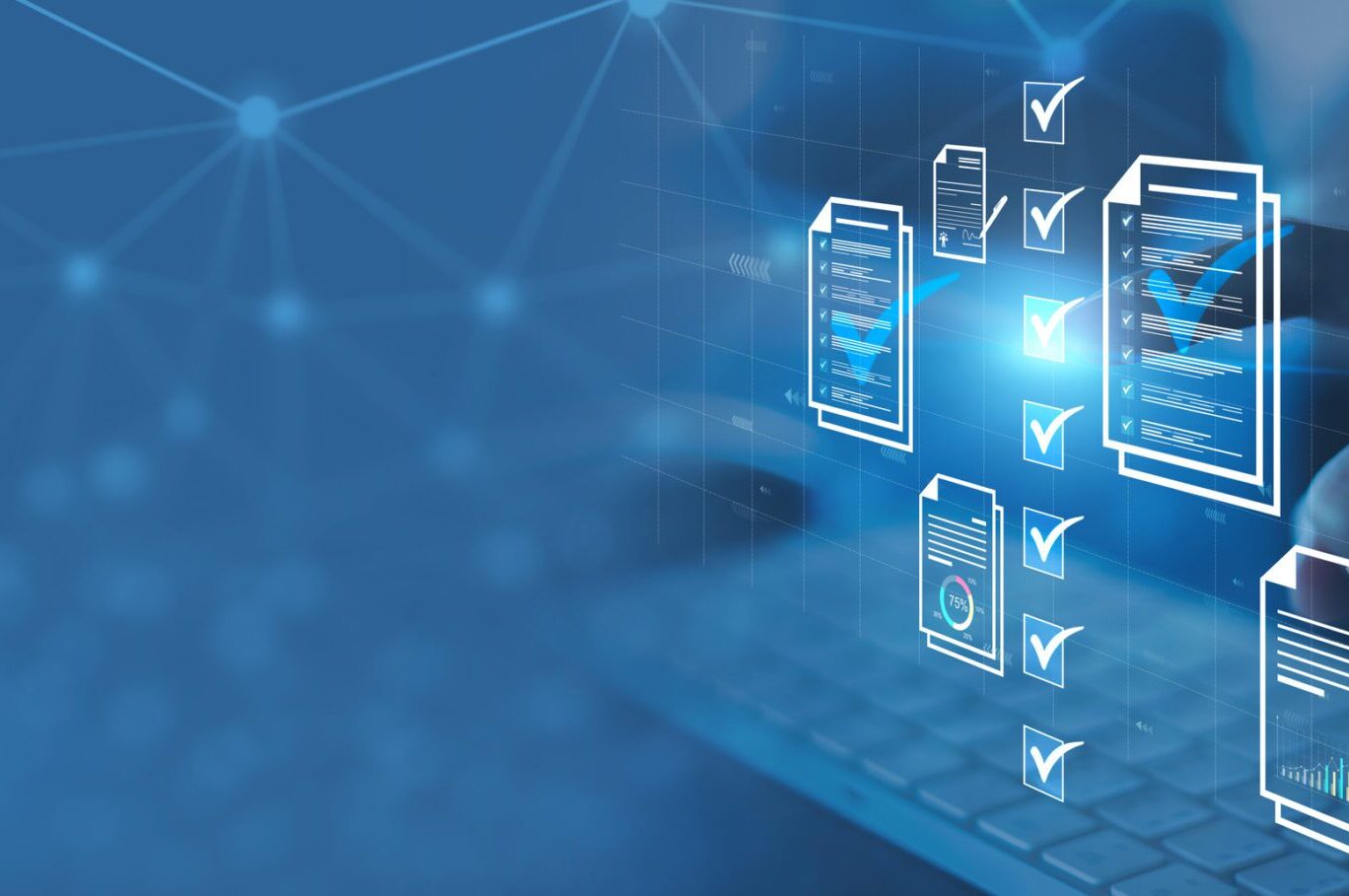 Digital checklist with documents and checkmarks overlaying a blue tech background