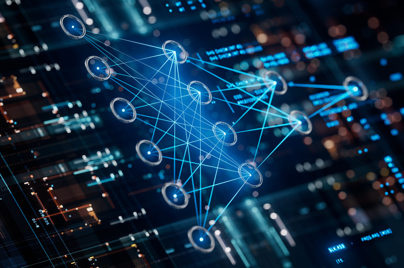 Neural network illustration with interconnected nodes and digital data