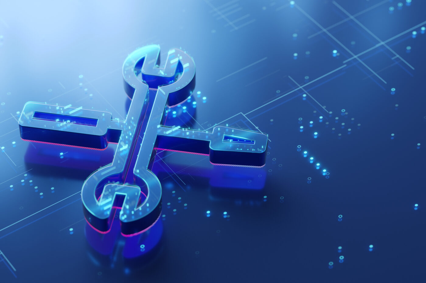 Blue digital wrench and screwdriver icon on a circuit-like background