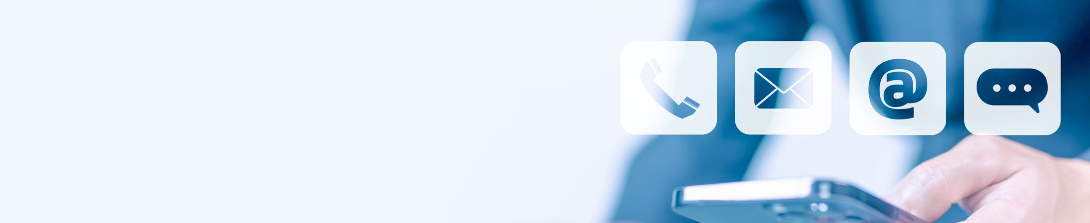 Hand holding smartphone with icons for phone call, email, internet, and messaging