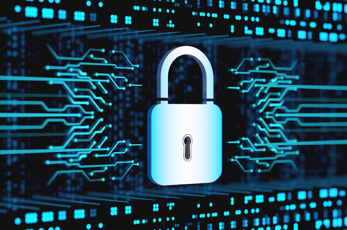 Blue digital padlock surrounded by circuit-like patterns indicating cybersecurity