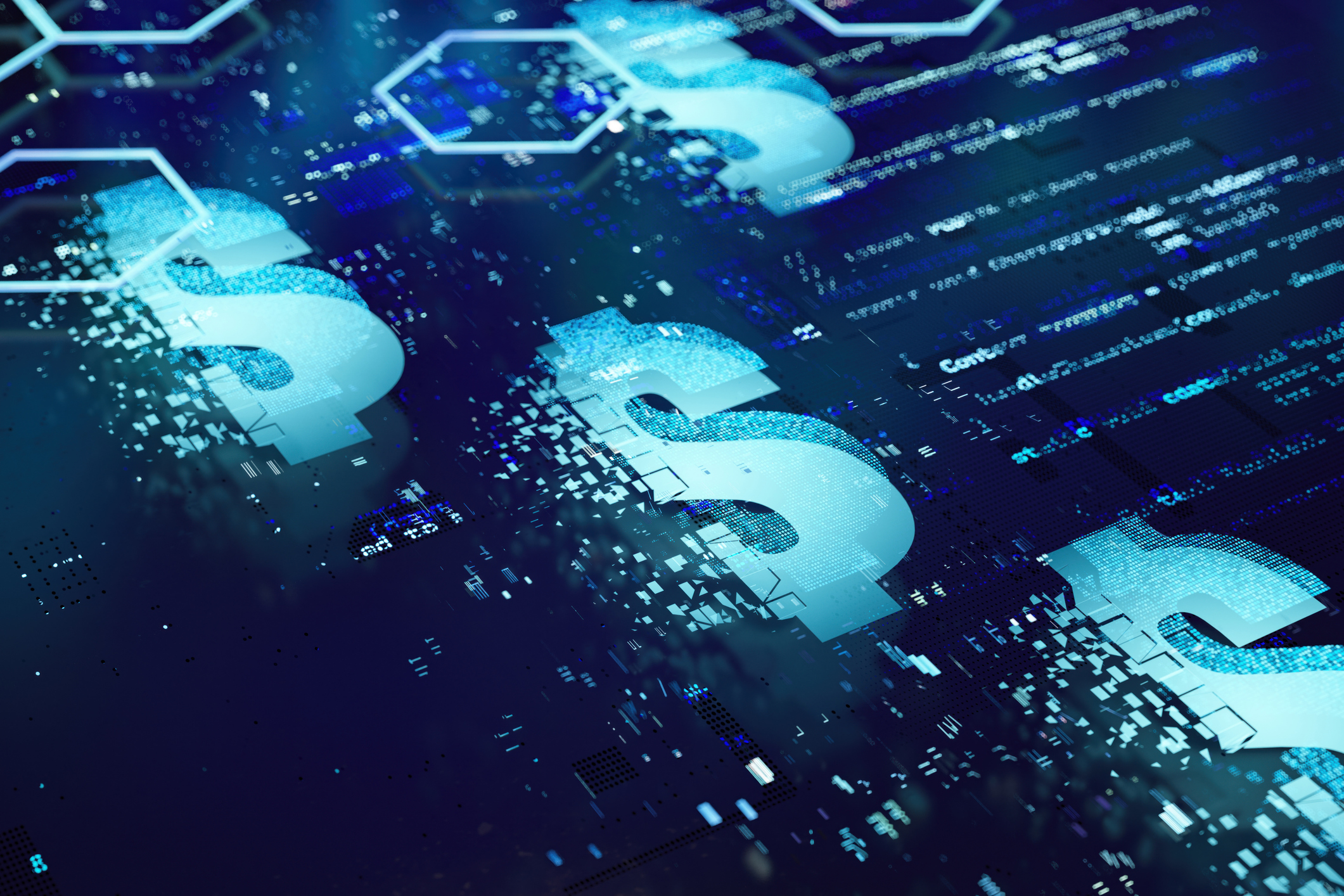 Dollar Sign Hologram on Futuristic Blue Background. 3D Render