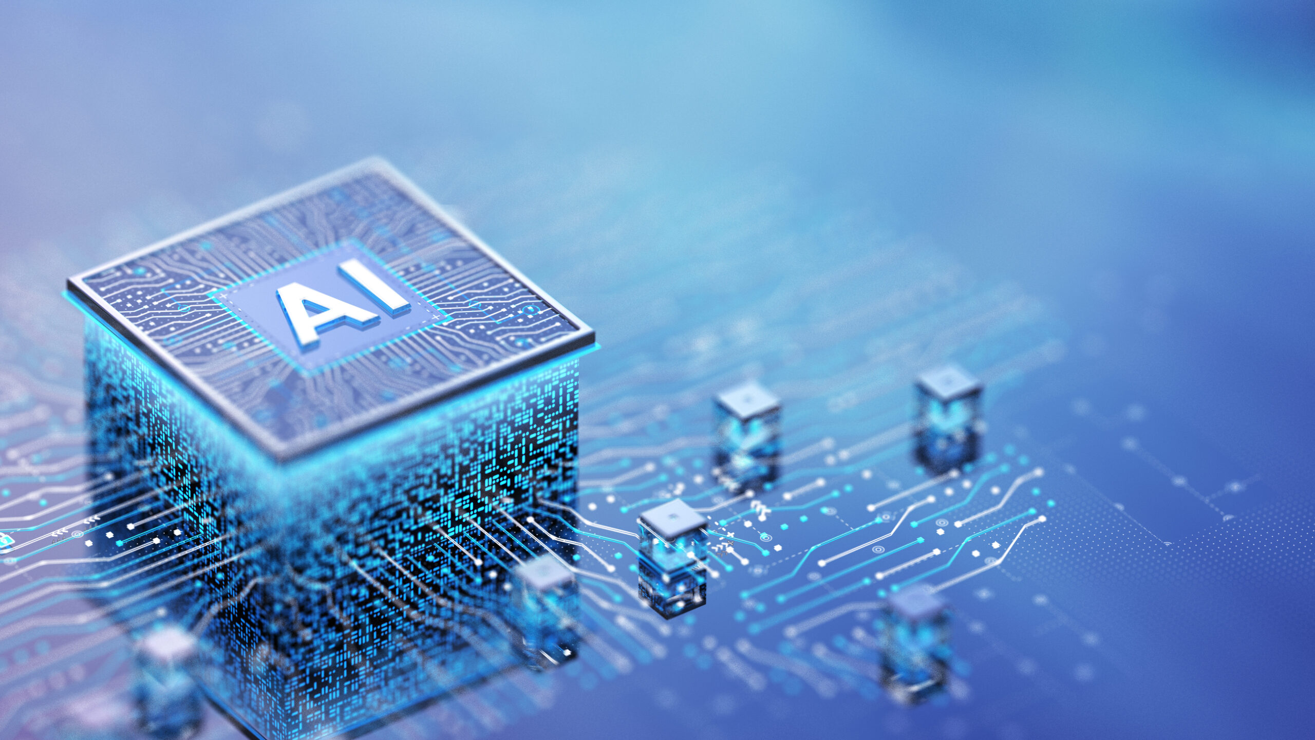 AI microchip on a blue circuit board with glowing connections