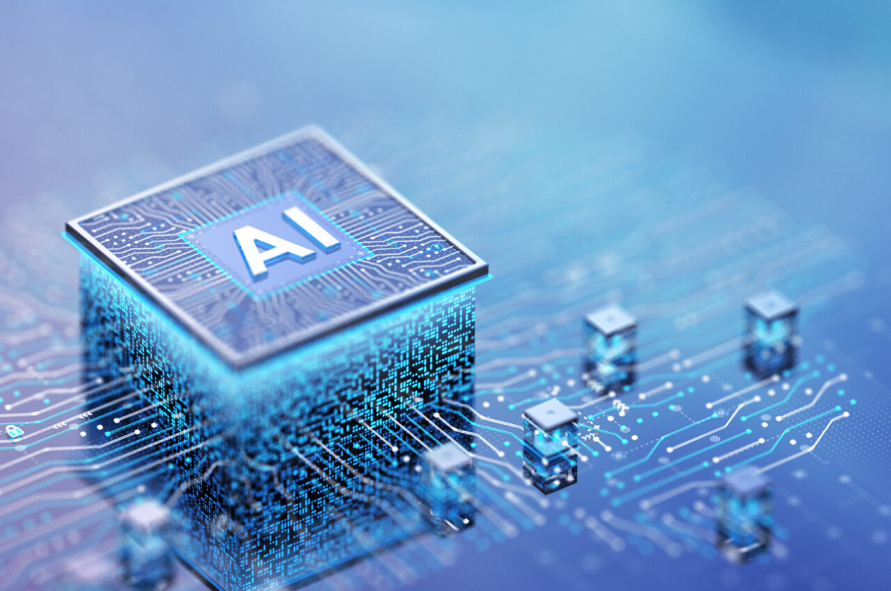 AI microchip with glowing circuits, symbolizing artificial intelligence technology