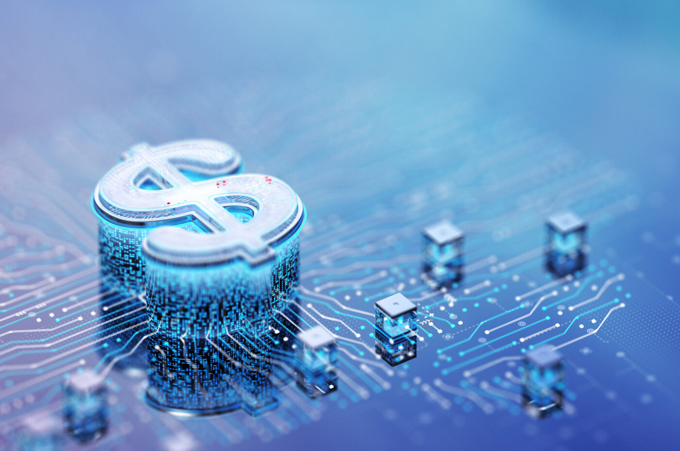 Dollar sign symbol on digital circuit background, representing cryptocurrency or digital finance