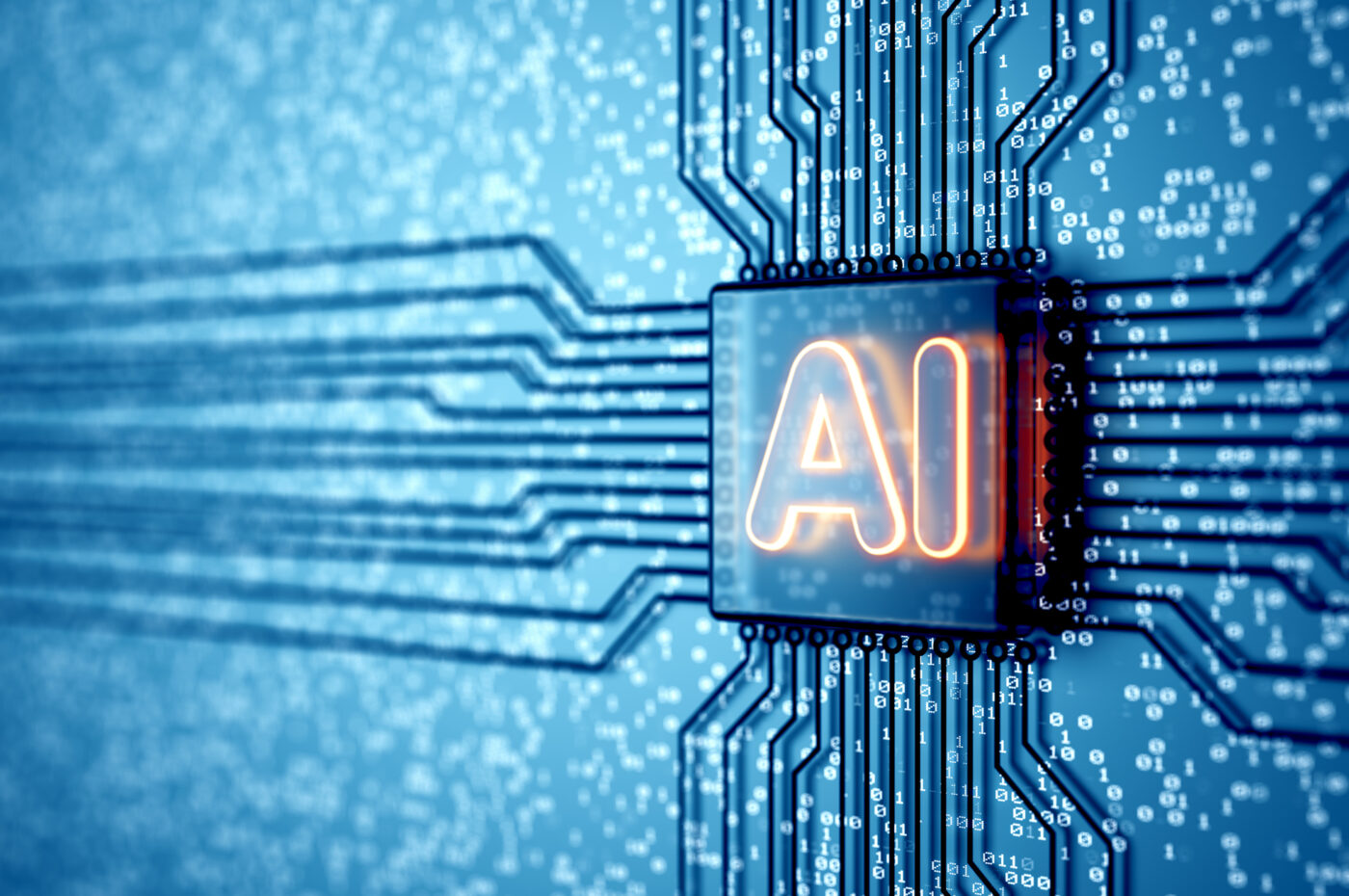 AI text on microchip surrounded by digital circuits