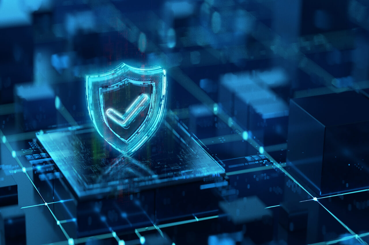 Glowing shield with checkmark on digital circuit board, representing cybersecurity