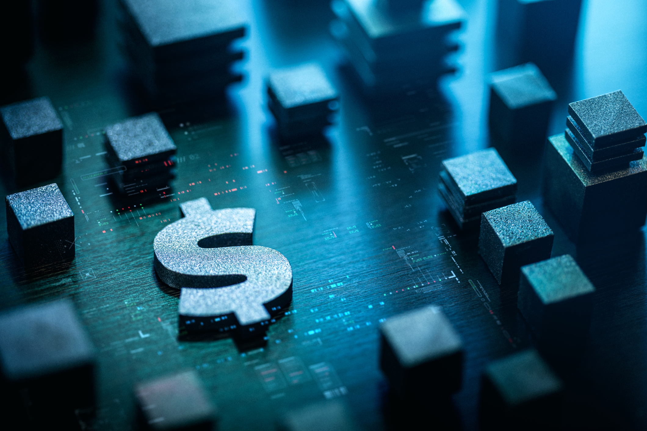 Dollar symbol surrounded by 3D metallic blocks on a digital surface