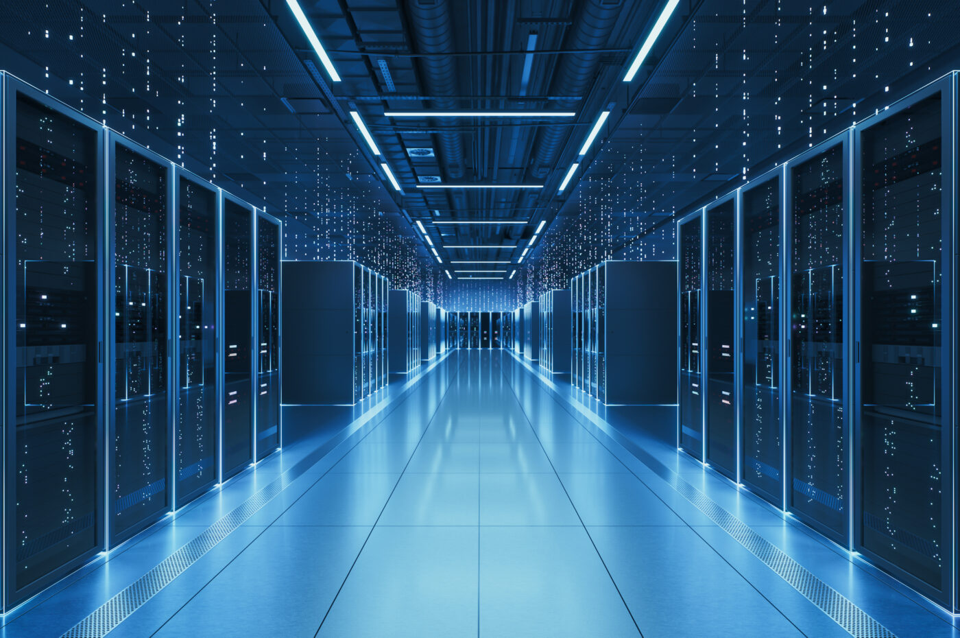 Interior of a futuristic data center with glowing blue lights and server racks