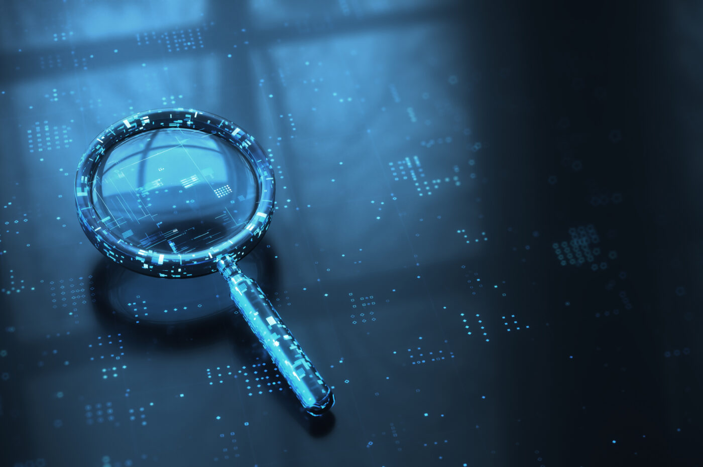 Magnifying glass with digital interface on blue background, symbolizing data search