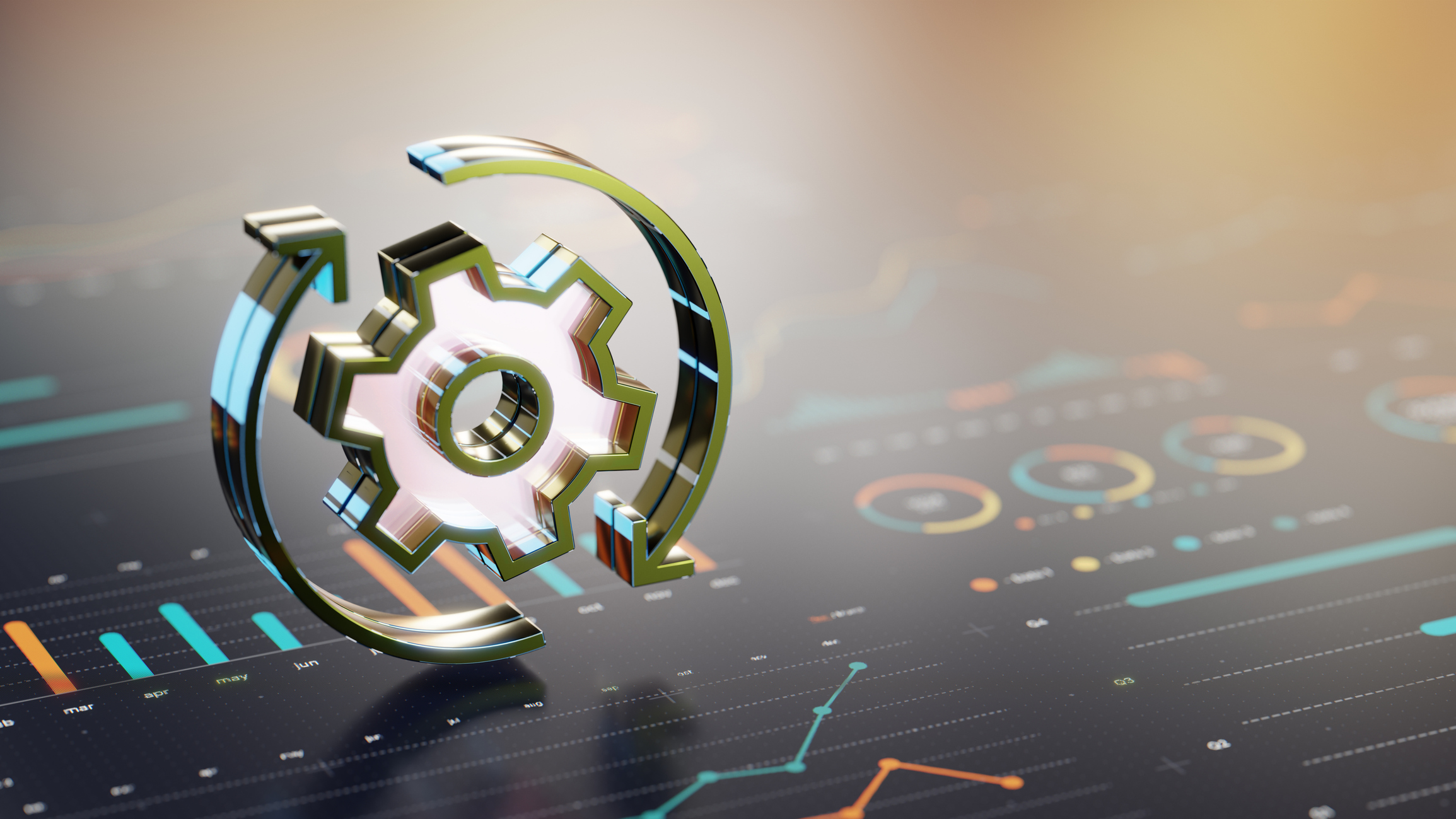 Gear and arrows overlaying financial graphs and data charts