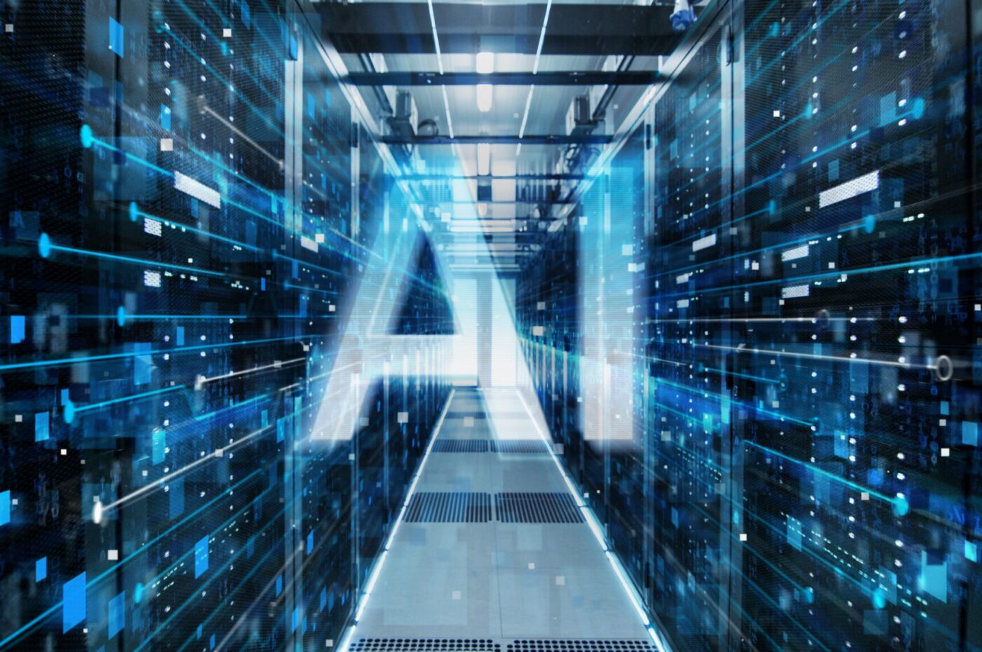 AI-themed corridor with digital data stream visuals